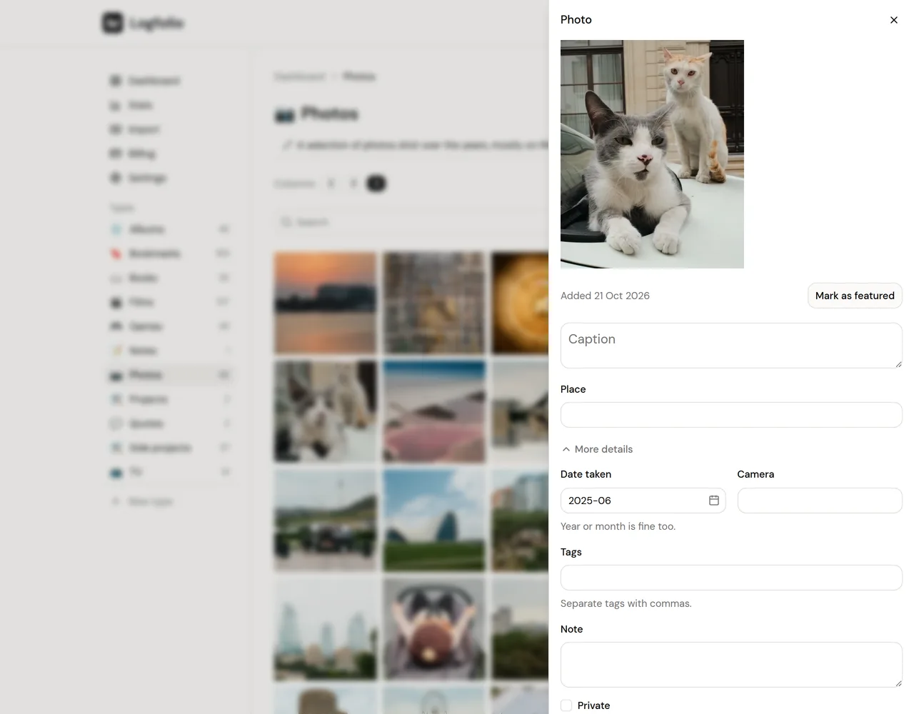 The panel for one photo, with a Mark as featured button, Caption, Place, Date taken, Camera, Tags, Note, and a Private checkbox
