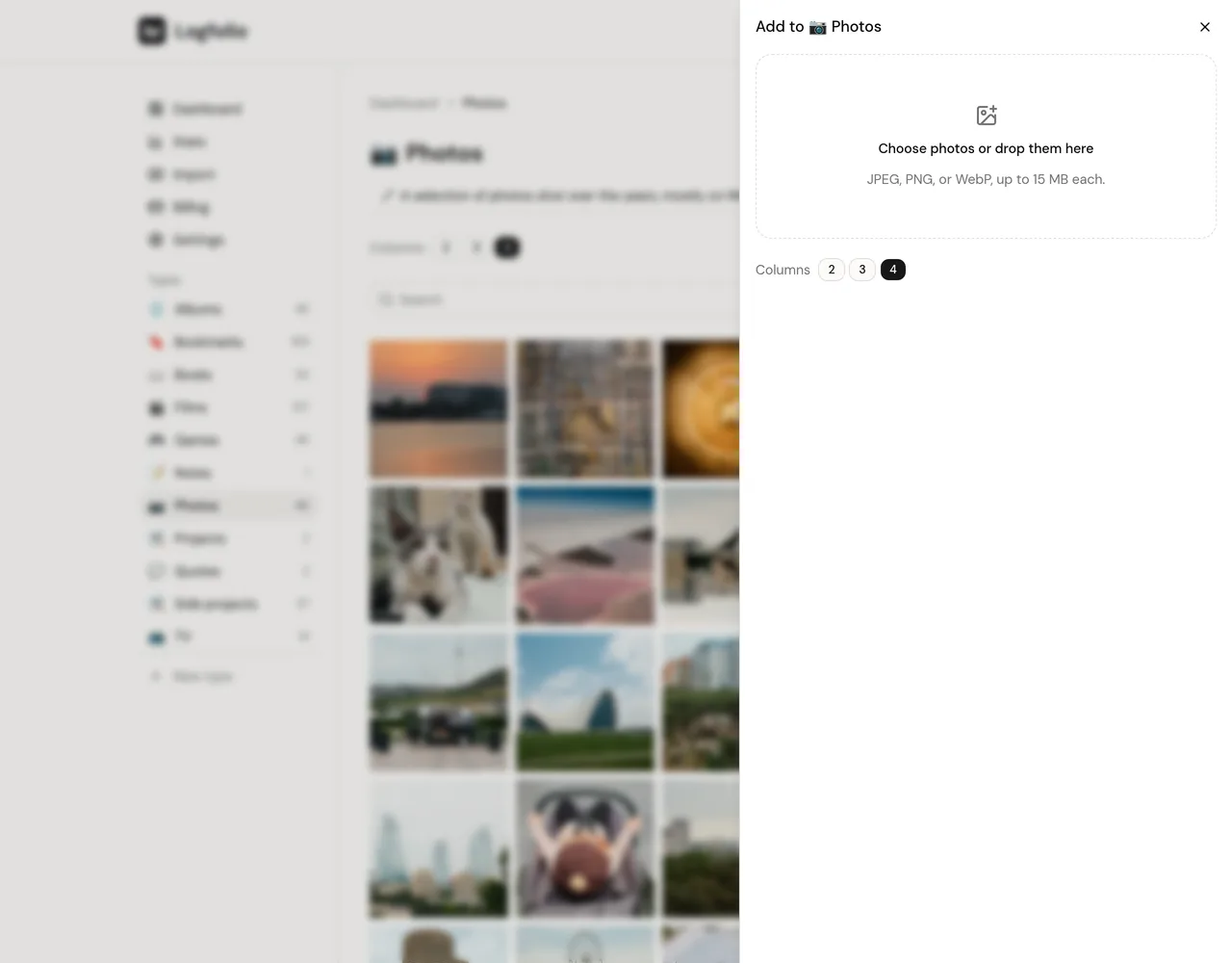 The Add panel for Photos, with a box to choose or drop photos and a Columns switch set to 4