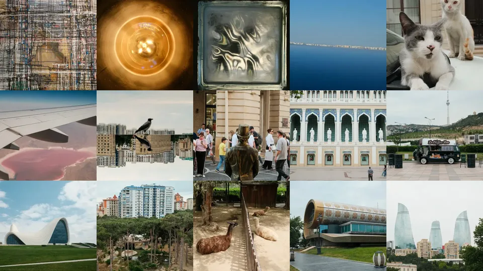 A grid of photos from a Logfolio Photos page, including a sea view, two cats, an airplane wing, and the Baku skyline