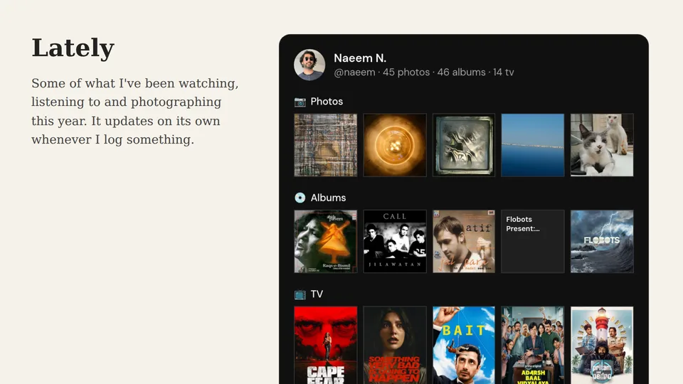 A Logfolio profile card with photos, albums, and TV shows next to a short blog post