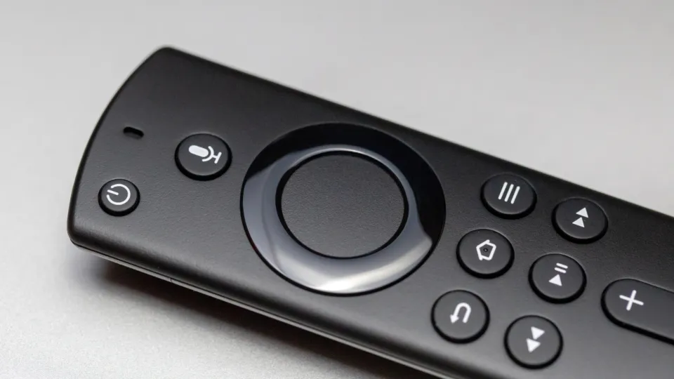 A streaming remote control on a white surface