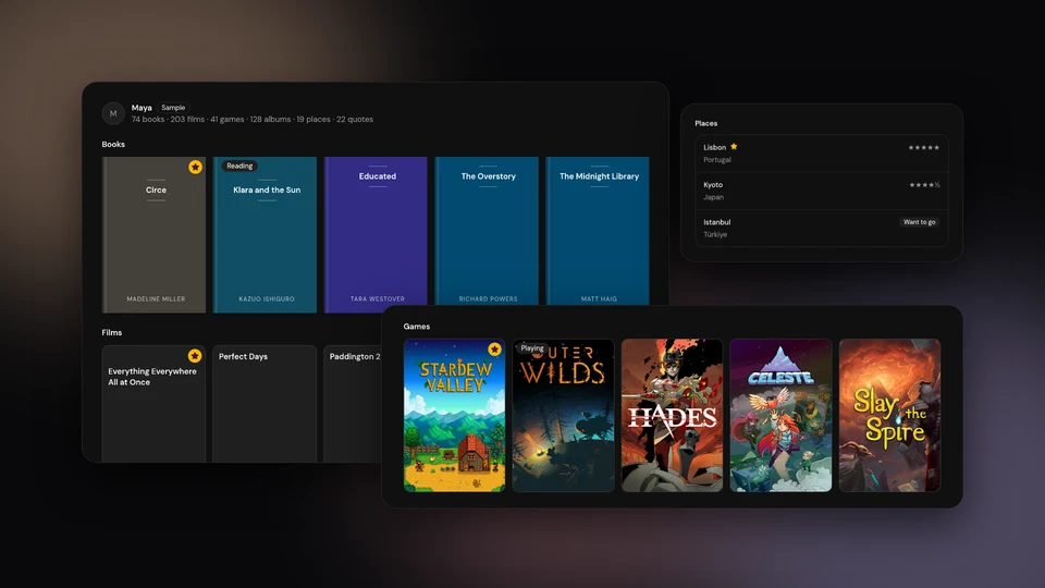 A sample Logfolio profile with shelves of books, films, and games, and a list of places