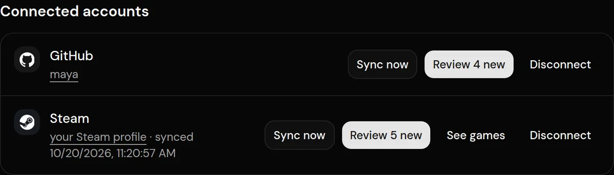 Connected accounts in Logfolio's Import settings, with GitHub and Steam
