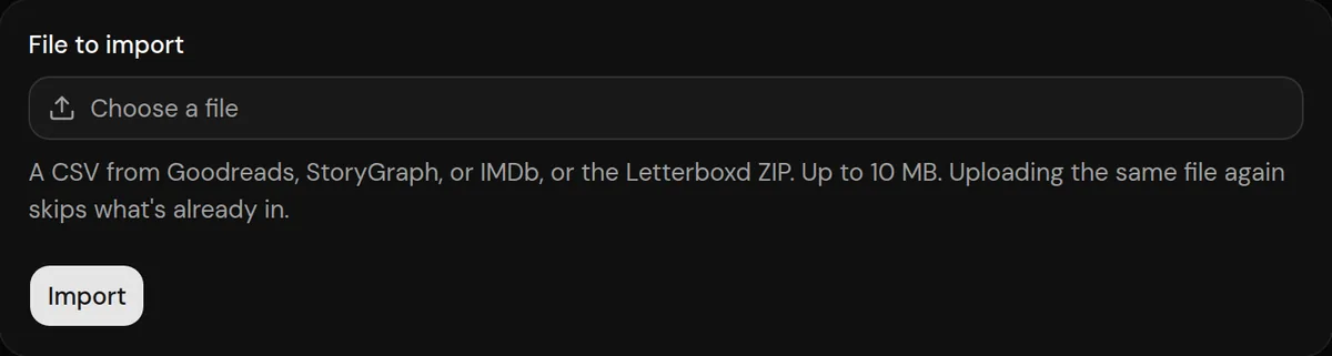 Logfolio's Import page: choose a file and press Import