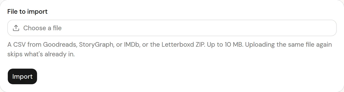 Logfolio's Import page: choose a file and press Import