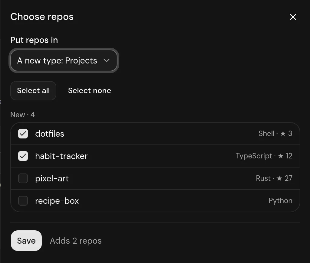 Choosing where GitHub repos go and which ones to add
