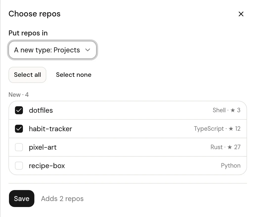 Choosing where GitHub repos go and which ones to add